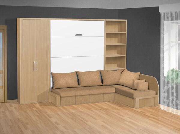 Výklopná postel s pohovkou VS 3075P, 200x140cm + policová skříň 80 barva lamina: buk/bílá, nosnost postele +standartní nosnost bez matrace, barva pohovky: nubuk 133 caramel