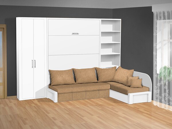 Výklopná postel s pohovkou VS 3075P, 200x140cm + policová skříň 80 barva lamina: bílá, nosnost postele +standartní nosnost bez matrace, barva pohovky: nubuk 133 caramel