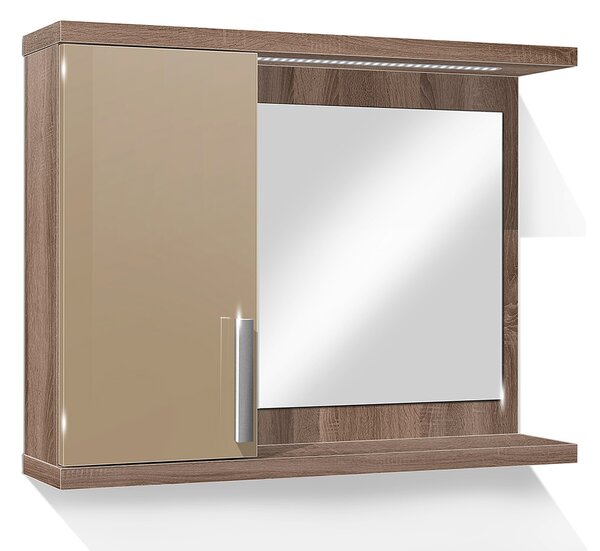 Koupelnová skříňka se zrcadlem K10 levá barva skříňky: dub sonoma tmavá, barva dvířek: capucino lesk