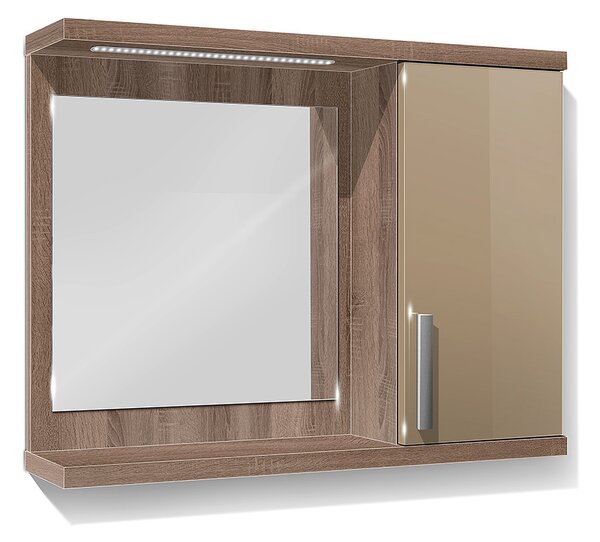 Koupelnová skříňka se zrcadlem K10 pravá barva skříňky: dub sonoma tmavá, barva dvířek: capucino lesk