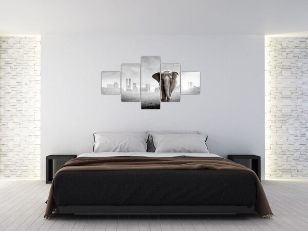 Obraz - Slůně ve velkoměstě, černobílá varianta (125x70 cm)