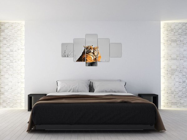 Obraz - Tygřice a její mládě, černobílá varianta (125x70 cm)