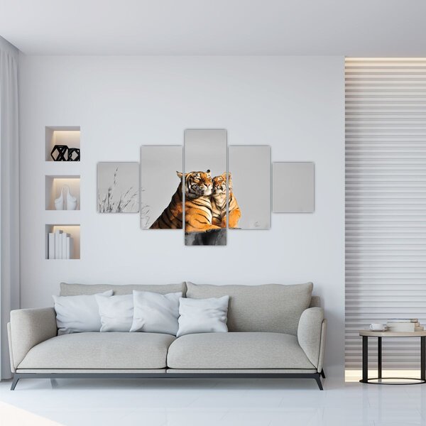 Obraz - Tygřice a její mládě, černobílá varianta (125x70 cm)