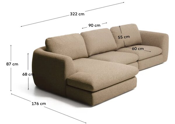 Kave Home Hnědá čalouněná rohová pohovka Vera 322 cm, levá