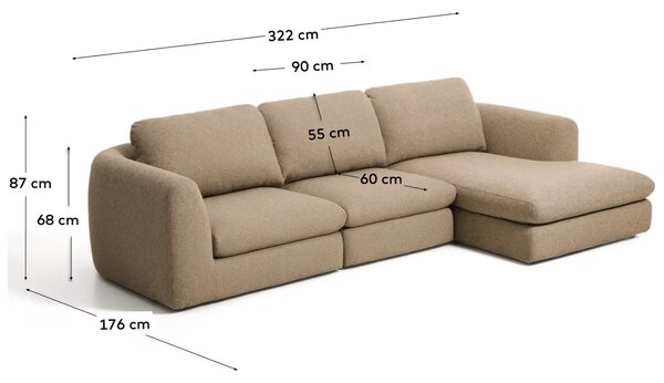 Kave Home Hnědá čalouněná rohová pohovka Vera 322 cm, pravá