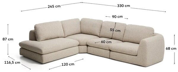 Kave Home Béžová čalouněná rohová pohovka Vera 330 cm, levá