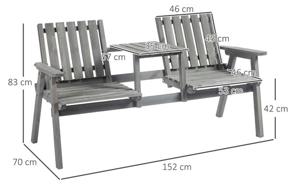 Zahradní lavice Outsunny se stolkem, sezení, zahradní nábytek, s otvorem na slunečník, lavice, 2 židle, masivní dřevo, šedá, 152 x 70 x 83 cm | Aosom