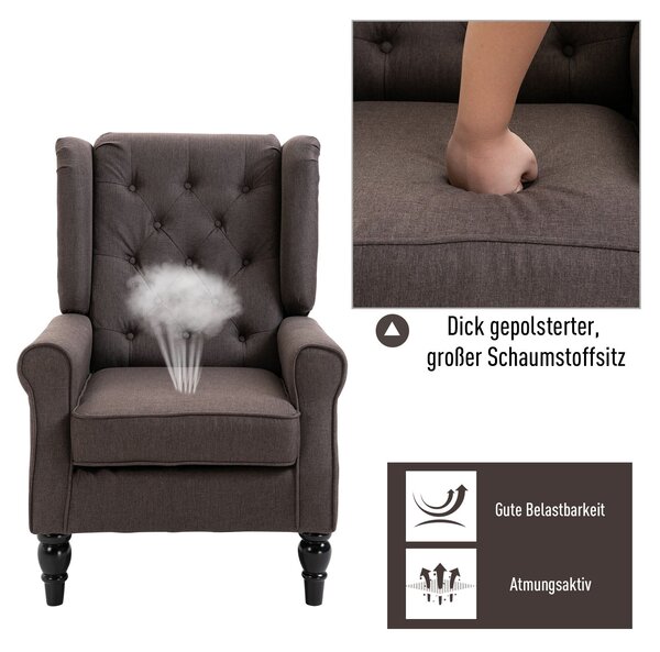 Křeslo HOMCOM s vysokým opěradlem a prošíváním, čalouněná lounge židle s zaoblenými opěrkami, dřevěné nohy, pro ložnici, obývací pokoj, do 160 kg, hně