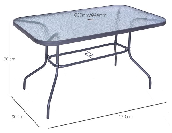 Outsunny Obdélníkový Zahradní Stůl s Zakřivenými Kovovými Okraji a Otvorem pro Slunečník, Temperované Sklo 70kg Kapacita 140x80x70 cm Tmavě Šedá | Aos