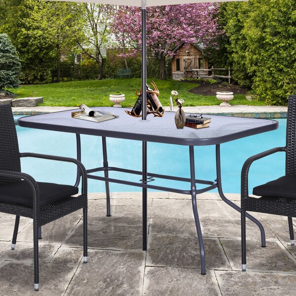 Outsunny Obdélníkový Zahradní Stůl s Zakřivenými Kovovými Okraji a Otvorem pro Slunečník, Temperované Sklo 70kg Kapacita 140x80x70 cm Tmavě Šedá | Aos