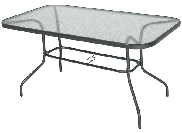 Outsunny Obdélníkový Zahradní Stůl s Zakřivenými Kovovými Okraji a Otvorem pro Slunečník, Temperované Sklo 70kg Kapacita 140x80x70 cm Tmavě Šedá | Aos