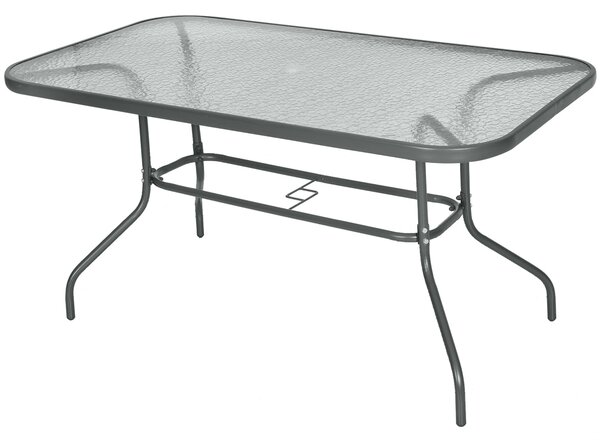 Outsunny Obdélníkový Zahradní Stůl s Zakřivenými Kovovými Okraji a Otvorem pro Slunečník, Temperované Sklo 70kg Kapacita 140x80x70 cm Tmavě Šedá | Aos