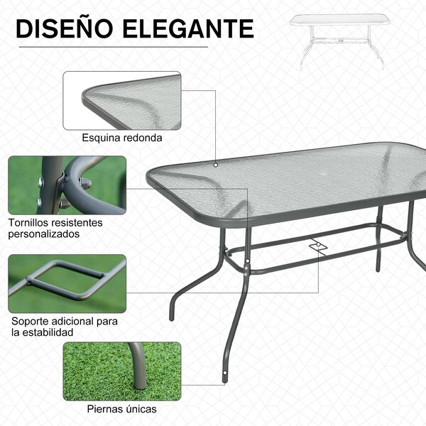 Outsunny Obdélníkový Zahradní Stůl s Zakřivenými Kovovými Okraji a Otvorem pro Slunečník, Temperované Sklo 70kg Kapacita 140x80x70 cm Tmavě Šedá | Aos