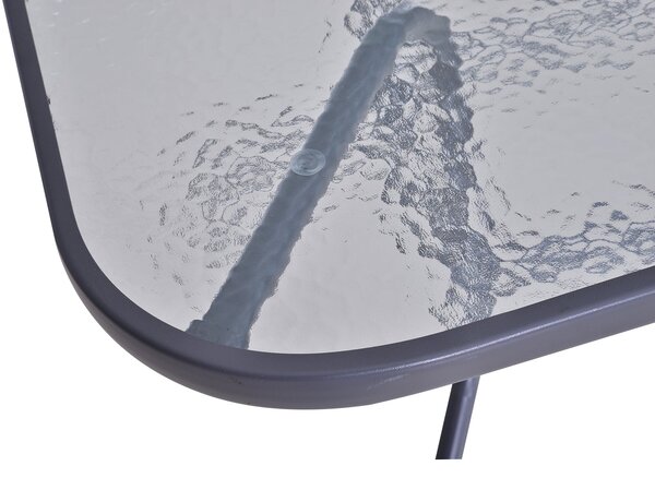 Outsunny Obdélníkový Zahradní Stůl s Zakřivenými Kovovými Okraji a Otvorem pro Slunečník, Temperované Sklo 70kg Kapacita 140x80x70 cm Tmavě Šedá | Aos