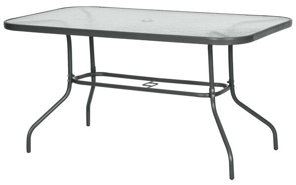 Outsunny Obdélníkový Zahradní Stůl s Zakřivenými Kovovými Okraji a Otvorem pro Slunečník, Temperované Sklo 70kg Kapacita 140x80x70 cm Tmavě Šedá | Aos