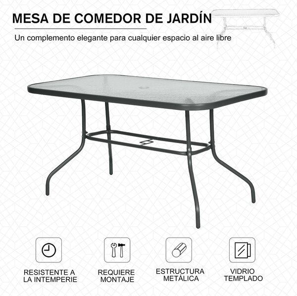 Outsunny Obdélníkový Zahradní Stůl s Zakřivenými Kovovými Okraji a Otvorem pro Slunečník, Temperované Sklo 70kg Kapacita 140x80x70 cm Tmavě Šedá | Aos
