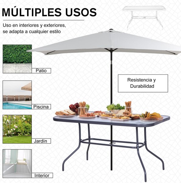 Outsunny Obdélníkový Zahradní Stůl s Zakřivenými Kovovými Okraji a Otvorem pro Slunečník, Temperované Sklo 70kg Kapacita 140x80x70 cm Tmavě Šedá | Aos