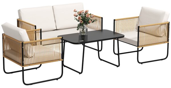 Outsunny Zahradní Souprava pro 4 Osoby, Balkonová Ratanová Lounge se 2-místnou Pohovkou, Křesly, Skleněným Kávovým Stolkem, Odnímatelnými Polstrováním