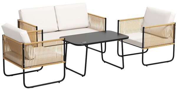 Outsunny Zahradní Souprava pro 4 Osoby, Balkonová Ratanová Lounge se 2-místnou Pohovkou, Křesly, Skleněným Kávovým Stolkem, Odnímatelnými Polstrováním
