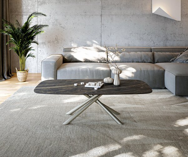 DELIFE Konferenční stolek Edge Boot 140x80 cm keramika Laminam® Noir Desir hnědá Sarity kov titanová barva
