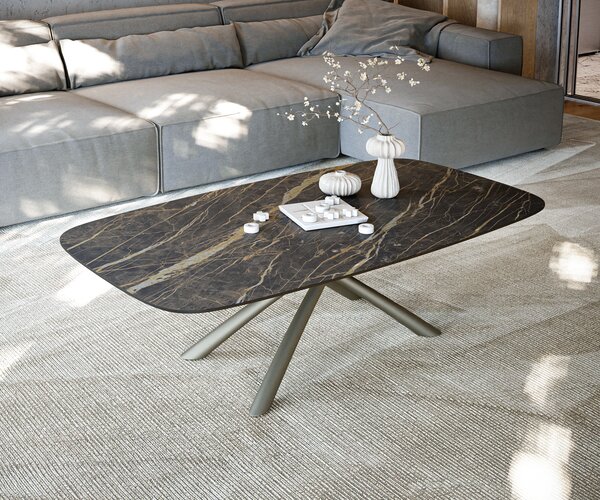 DELIFE Konferenční stolek Edge Boot 140x80 cm keramika Laminam® Noir Desir hnědá Sarity kov titanová barva