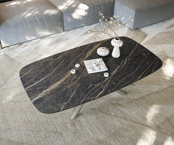 DELIFE Konferenční stolek Edge Boot 140x80 cm keramika Laminam® Noir Desir hnědá Sarity kov titanová barva