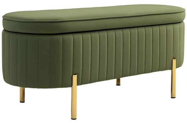 HOMCOM Oválná úložná lavice 72L s výklopným víkem a rýhovaným designem, moderní sametová tkanina a borovicové dřevo, 108x44x43,5 cm, tmavě zelená | Ao