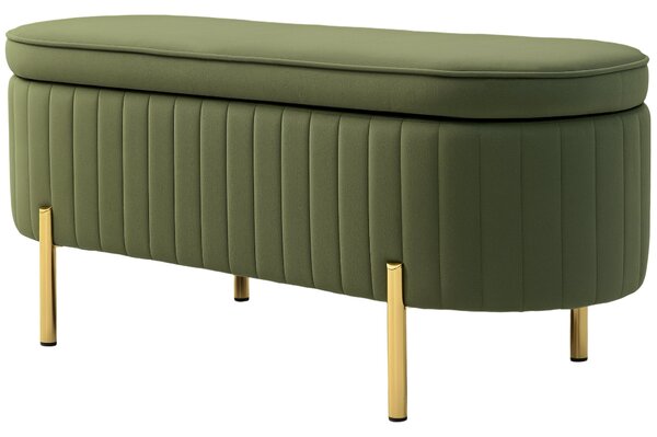 HOMCOM Oválná úložná lavice 72L s výklopným víkem a rýhovaným designem, moderní sametová tkanina a borovicové dřevo, 108x44x43,5 cm, tmavě zelená | Ao