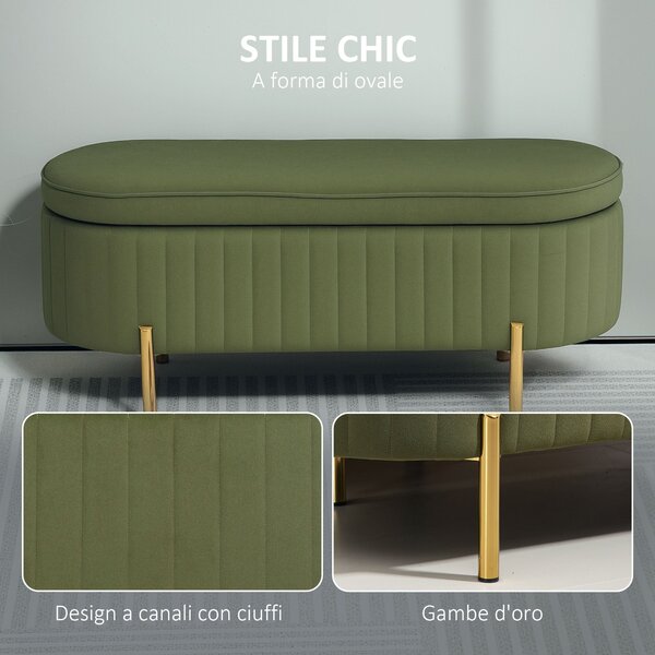 HOMCOM Oválná úložná lavice 72L s výklopným víkem a rýhovaným designem, moderní sametová tkanina a borovicové dřevo, 108x44x43,5 cm, tmavě zelená | Ao
