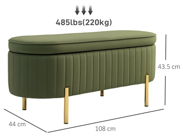HOMCOM Oválná úložná lavice 72L s výklopným víkem a rýhovaným designem, moderní sametová tkanina a borovicové dřevo, 108x44x43,5 cm, tmavě zelená | Ao