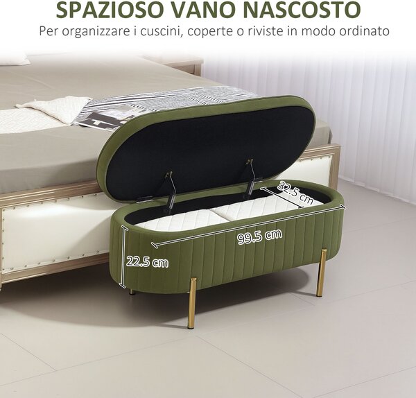 HOMCOM Oválná úložná lavice 72L s výklopným víkem a rýhovaným designem, moderní sametová tkanina a borovicové dřevo, 108x44x43,5 cm, tmavě zelená | Ao