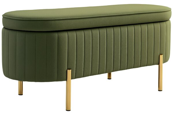 HOMCOM Oválná úložná lavice 72L s výklopným víkem a rýhovaným designem, moderní sametová tkanina a borovicové dřevo, 108x44x43,5 cm, tmavě zelená | Ao
