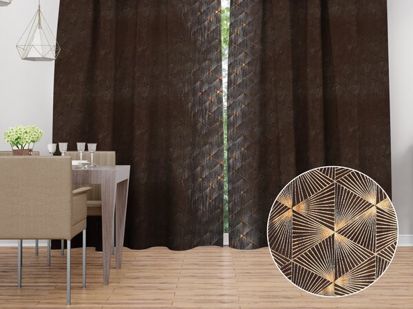 Biante Sametový závěs Isabela IBL-012 Rose Gold trojúhelníky na hnědém - šířka 135 cm 135x140 cm