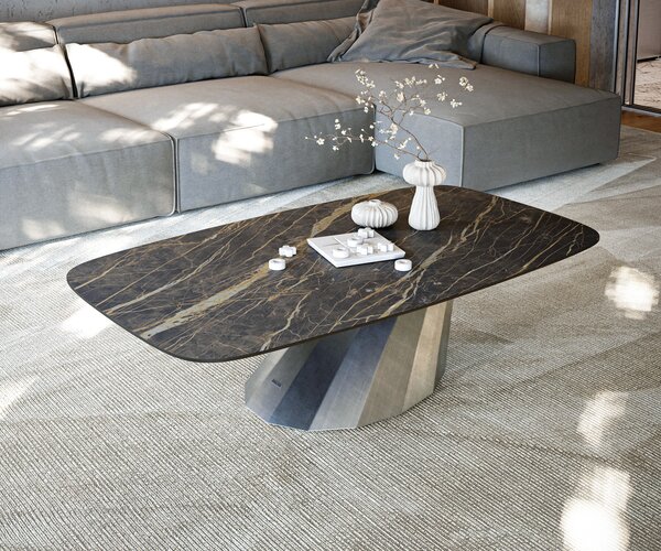 DELIFE Konferenční stolek Edge Boot 140x80 cm keramika Laminam® Noir Desir hnědá Parabi metalická stříbrná