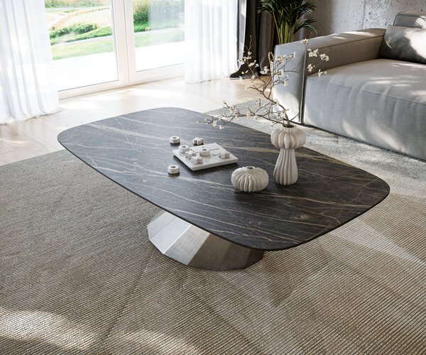 DELIFE Konferenční stolek Edge Boot 140x80 cm keramika Laminam® Noir Desir hnědá Parabi metalická stříbrná