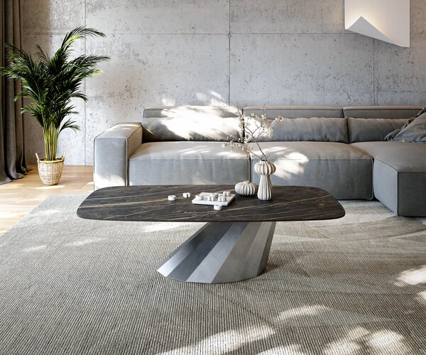 DELIFE Konferenční stolek Edge Boot 140x80 cm keramika Laminam® Noir Desir hnědá Parabi metalická stříbrná