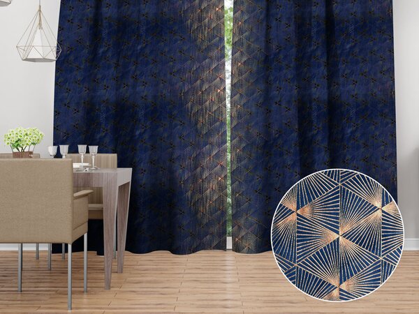 Biante Sametový závěs Isabela IBL-011 Rose Gold trojúhelníky na královsky modrém - šířka 135 cm 135x140 cm