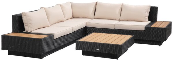 Outsunny 4dílná luxusní zahradní souprava z poly ratanového materiálu včetně polic a odkládacího stolku s polštáři černá | Aosom