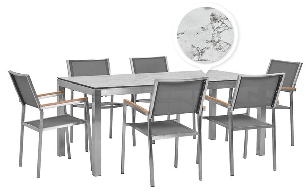 Zahradní set stůl HPL s mramorovou úpravou a 6 šedými židlemi GROSSETO