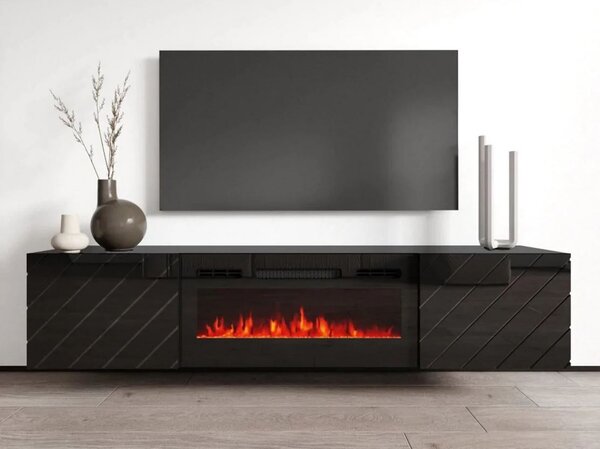 Závěsný TV stolek s elektrickým krbem WANDER - černý / lesklý černý