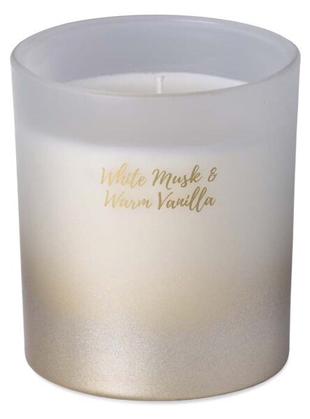 Emocio sklo 80x90 mm s plechovým víčkem vonná svíčka, v dárkové krabičce White Musk & Warm Vanilla