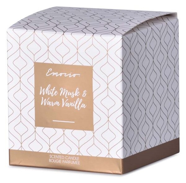 Emocio sklo 80x90 mm s plechovým víčkem vonná svíčka, v dárkové krabičce White Musk & Warm Vanilla