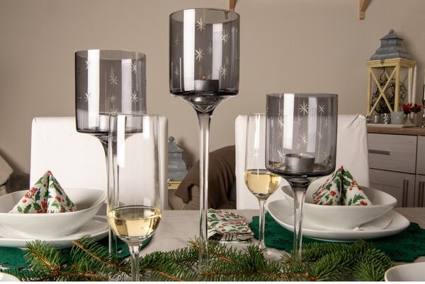 Skleněný svícen na nožičce sada 3ks 90x250/90x300/90x350mm, kouřavá