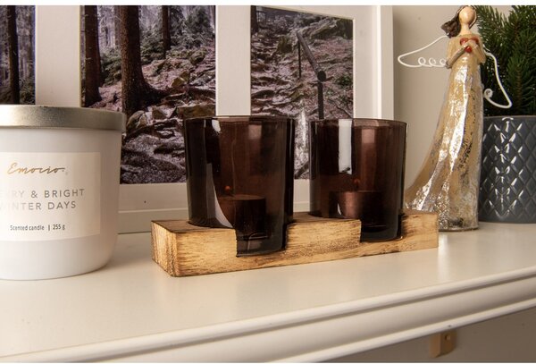 Svícen sklo set 2ks 190x70x90mm na dřevěném tácku, mix barev