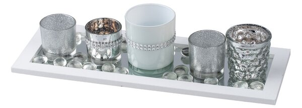 Svícen sklo 6ks set 190x70x90mm na dřevěném tácku, bílá stříbrná