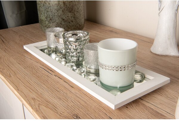 Svícen sklo 6ks set 190x70x90mm na dřevěném tácku, bílá stříbrná