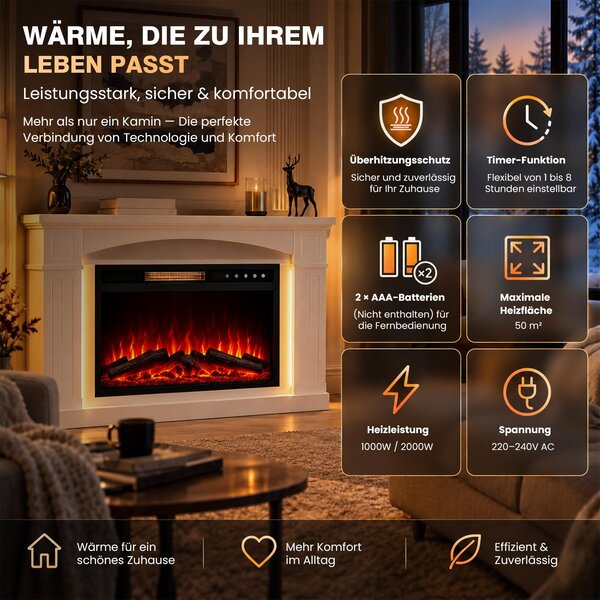 HOMAVO elektrický krb 23 palců krbová skříň LED pásek 1000W 2000W 12 barev plamene časovač dálkové ovládání dotykové ovládání 48 efektů LED pásku