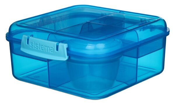 Sistema Dělený svačinový box Lunch Bento Cube s nádobou na jogurt a 2 tácky 1,25 l, modrá