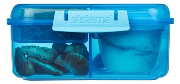 Sistema Dělený svačinový box Lunch Bento Cube s nádobou na jogurt a 2 tácky 1,25 l, modrá