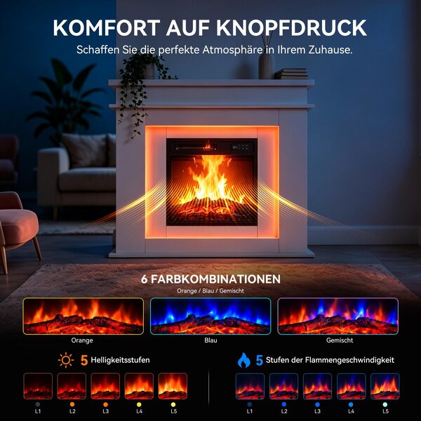 HOMAVO ambientní elektrický krb – elektrický krb s topením 900/1800 W, funkce časovače, ochrana proti přehřátí